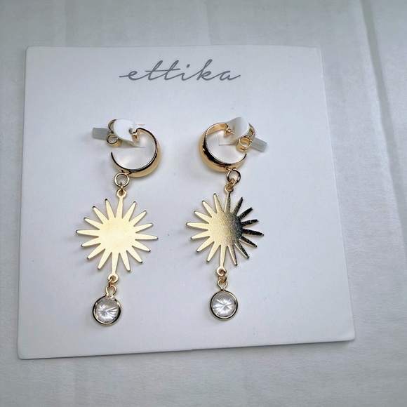 Ettika Gold Star Burst Earrings Cubic Zirconia Hoop with Dangle NEW - Picture 1 of 2